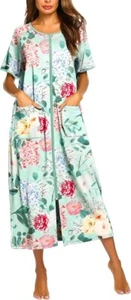 Women Robes Zipper Front Short Sleeve Full Length Housecoat with Pockets L Size - Picture 1 of 4