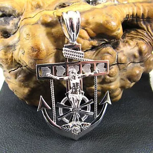 Solid 925 Sterling Silver Crucifix Anchor Pendant Large Hip Hop Jesus Jewelry - Picture 1 of 9