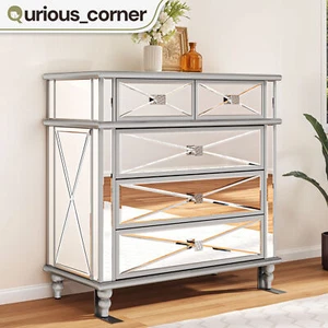 Elevated Chest of 5 Drawers Dresser Storage Cabinet with Silver High Gloss Panel - Picture 1 of 11