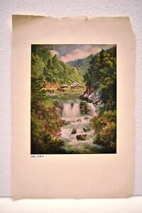 Vintage Lithograph Print Scenery Natural Beauty Hilly Area River Houses Spring "
