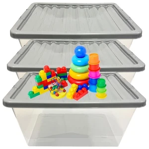 3 x 62L Stackable Clear Plastic Storage Boxes With Silver Lids For Home & Office - Imagen 1 de 3