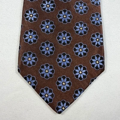 Ike Behar 纽约男式 100% 真丝领带棕色蓝色花卉美国制造二手状况完好 — 第 1/4 张图片