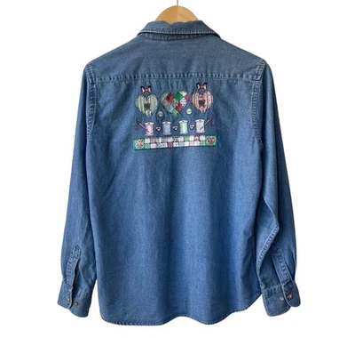 Harriton  Denim Embroidered Button Down Shirt Sz M Seamstress Needle Thread Sew - Image 1 of 4