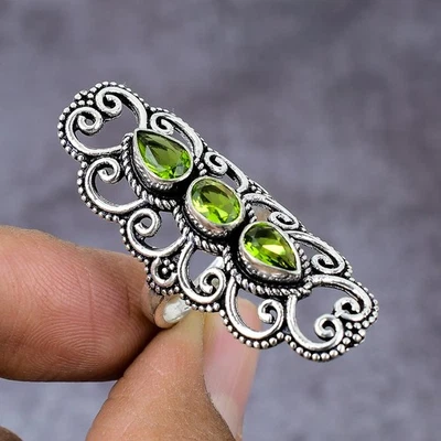Natural Peridot Gemstone Handmade 925 Sterling Silver Gift Ring Size 7.5 Gift p2 - Image 1 of 4