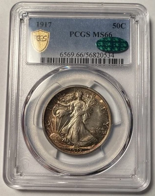 1917 Walking Liberty Half Dollar PCGS MS66 CAC Rainbow Toned - Image 1 of 4