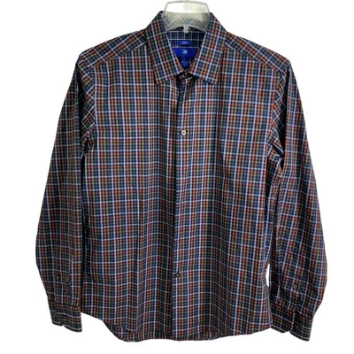 Рубашка мужская большая синяя оранжевая клетчатая не железная приталенная на пуговицах - Изображение 1 из 4