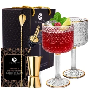 Luxury Gin Glasses Set of 2 With Gold Rims and Gold Bar Accessories - Picture 1 of 8