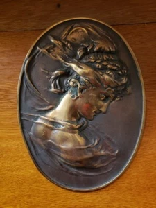 Antique Cast Iron Art Nouveau Relief Plaque Wall Hanging, Copper Finish - Picture 1 of 4