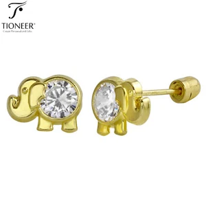 Elephant CZ 14k Gold Cubic Zirconia Safari Animal Charm Screw Back Stud Earring - Picture 1 of 3
