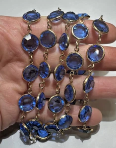 Blue Topaz Bezel Set Faceted Crystal Glass Bead 40" Gold tone Vintage Necklace - Picture 1 of 4