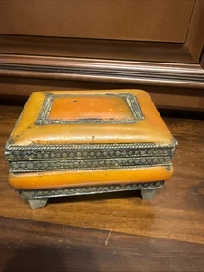 Antique Amber Orange Bakelite Cask Box Metal Moroccan Trinket Box - Picture 1 of 12
