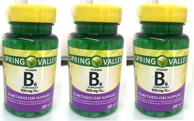 3x Spring Valley Vitamin B6 Supplement, 100 mg, 750 tablets  total/ Exp 08/2027 - Image 1 of 3