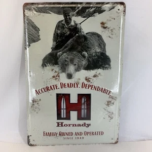Hornady Tin Metal Sign 18"x12" White Rustic Man Cave Shop Bear Sealed BENT - Picture 1 of 8