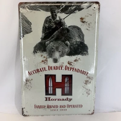 Hornady Tin Metal Sign 18"x12" White Rustic Man Cave Shop Bear Sealed BENT - Image 1 of 4