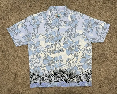 Y2K Ocean Current Hawaiian Tribal Short Sleeve Camp Blue Shirt Men Sz Large Rare - Image 1 of 4
