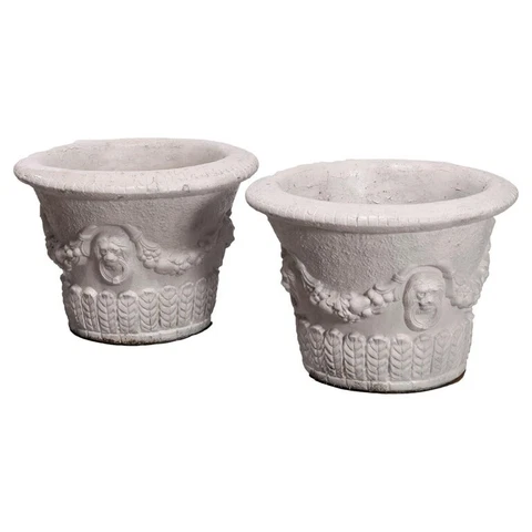Pair Oversized Cast Stoned Figural Lion & Swag Patio Garden Planters 20th C Cover