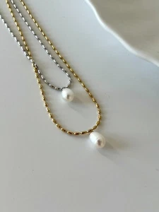 Damen Süßwasserperle Halskette 18k vergoldet Edelstahl Silber Frauen Wasserfest - Bild 1 von 13