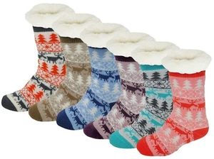 6 Pairs Sherpa Fleece Lined Winter Christmas Cozy With Non Skid Slipper Socks - Picture 1 of 50