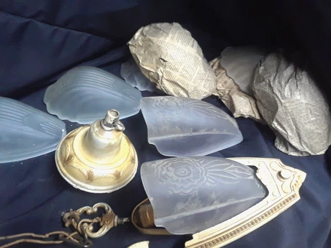 RARE ART DECO SLIP SHADE LIGHTING SUITE: 2 Shade Chandelier & 4 Matched Sconces Cover