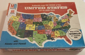 Vintage 1975 MB Authentic Map on Wood United States and World Puzzle COMPLETE - Picture 1 of 6
