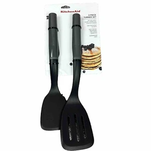 KitchenAid 2 Piece Aqua Short Slotted Turner Set Dark Gray Handles KQ359OHCGA - Picture 1 of 8