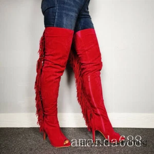 Sexy Womens Tassels Over The Knee Boots Thigh High Zip Boots Peep Toe Shoes Size - Picture 1 of 24