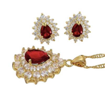 Yellow Gold Finish Red Garnet And Created Diamond Pendant And Earring Set - Image 1 of 4