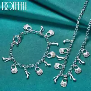 DOTEFFIL 2pcs 925 Sterling Silver High Heels Bag Pendant Bracelet Necklace Chain - Picture 1 of 6