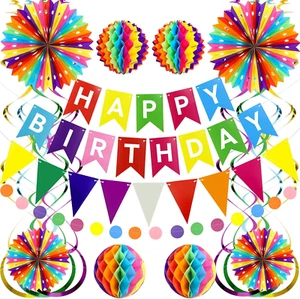 Happy Birthday Party Decorations Pack with Rainbow Happy Birthday Banner, Honeyc - Picture 1 of 12