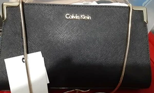 Calvin Klein Black Saffiano Leather Gold Accents Shoulder Purse Bag H5AG14HU - Picture 1 of 7