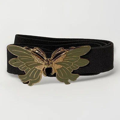 Vintage Butterfly Belt Enameled Buckle Stretch  Adjustable Black Yellow Goldtone - Image 1 of 3