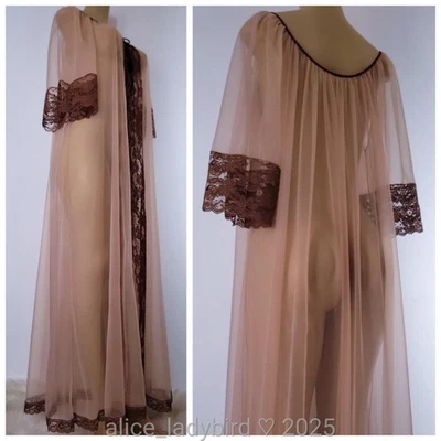 Vintage SHEER Peignoir CHIFFON Long GOWN Jacket Robe Floral LACE Tall ~S/M/L - Image 1 of 4