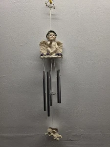 Praying  Cherub W Bird Round Top Wind Chime. Polurple Roses Beautiful Chime - Picture 1 of 5