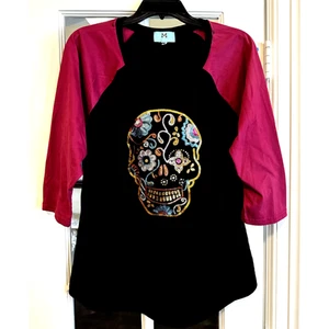 MAGLIETTA MAGLIETTA BASEBALL TESCHIO South Main donna nera marrone - manica 3/4 boho - Foto 1 di 6