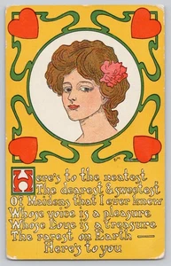 1908 Art Nouveau Valentine Postcard Maiden Portrait Hearts B.B. London - Picture 1 of 3