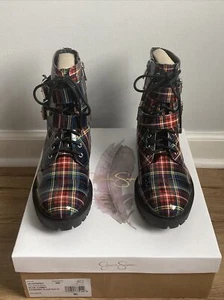 NEW Jessica Simpson Kerina 2 Blue Combo Academy Plaid Combat Boots Size 9M - Picture 1 of 7
