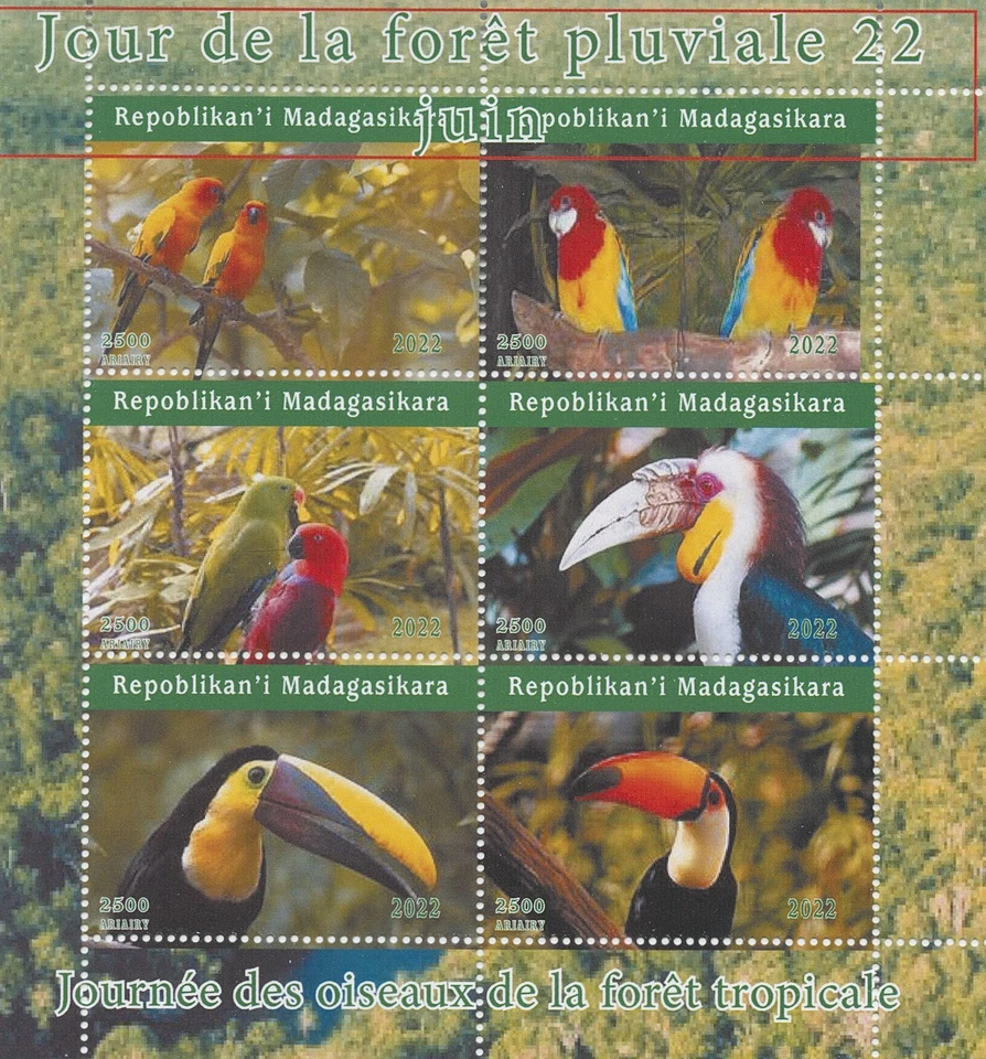 Madagascar 2022 MNH Birds on Stamps World Rainforest Day Parrots Toucan 6v MS II - Image 1 of 1