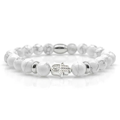 Howlith Armband Bracelet Perlenarmband Fatima Hand silber weiß 8mm Edelstahl  - Bild 1 von 2