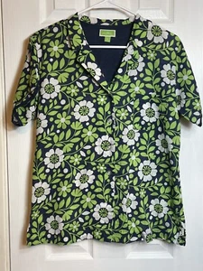 Vera Bradley Women’s Button-Up Shirt M Navy Green Floral 100% Cotton - Picture 1 of 6