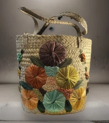 Vintage Straw Beach Bucket Bag Embroidered Lg. 16” Liner included with pockets - Image 1 of 4