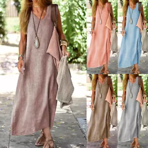 Womens Plain Cotton Linen Sleeveless Dress Ladies Casual Crew Neck Maxi Sundress - Picture 1 of 20