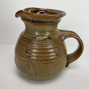 Pottery Glazed Pitcher Stoneware Brown Exterior White Interior Signed Vintage - Picture 1 of 15