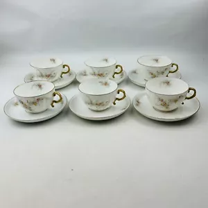 Limoges Elite 6 Cup & Saucer Set Lot Pink Yellow Floral Spray Gold Rim J.Mc.D&S - Picture 1 of 14