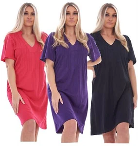 Ladies Plain Cotton Nightwear V-Neck Pleated Short Sleeve Nightie Nightshirt - Picture 1 of 33