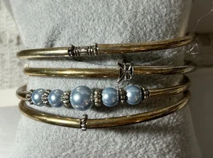 Gold&Silver Tone Coil Wrap Around Bracelet With Blue Bead Accents & Butterly - Picture 1 of 12