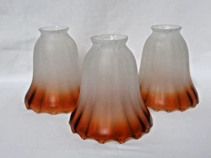 VINTAGE SET OF 3 FROSTED LAMP SHADES WITH AMBER RIMS 2 1/4" FITTER - Picture 1 of 11