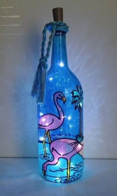 Pink Flamingos Bottle Lamp Hand painted Lighted Stained Glass Look - Image 1 of 4