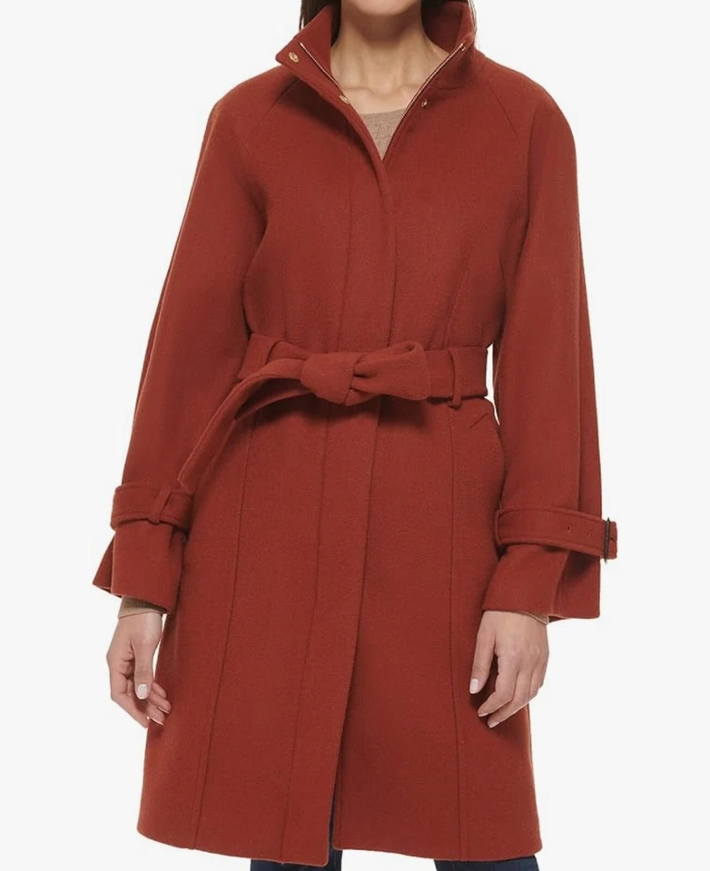 COLE HAAN Raglan Melton MUJERES Talla 2 Naranja MEZCLA DE LANA Abrigo con Cremallera Cinturón Nuevo con Etiquetas Foto 1 de 4