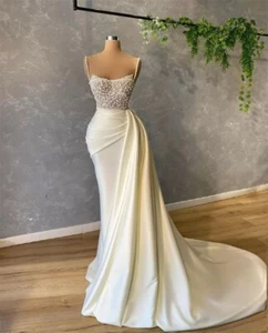 New Mermaid Satin Wedding Dress Beaded Spagnetti Bridal Gown Detachable Train - Picture 1 of 4