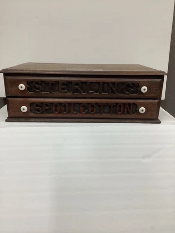 Early 2 Drawer Sterling Spool Cabinet Carved Lettering ! Cover